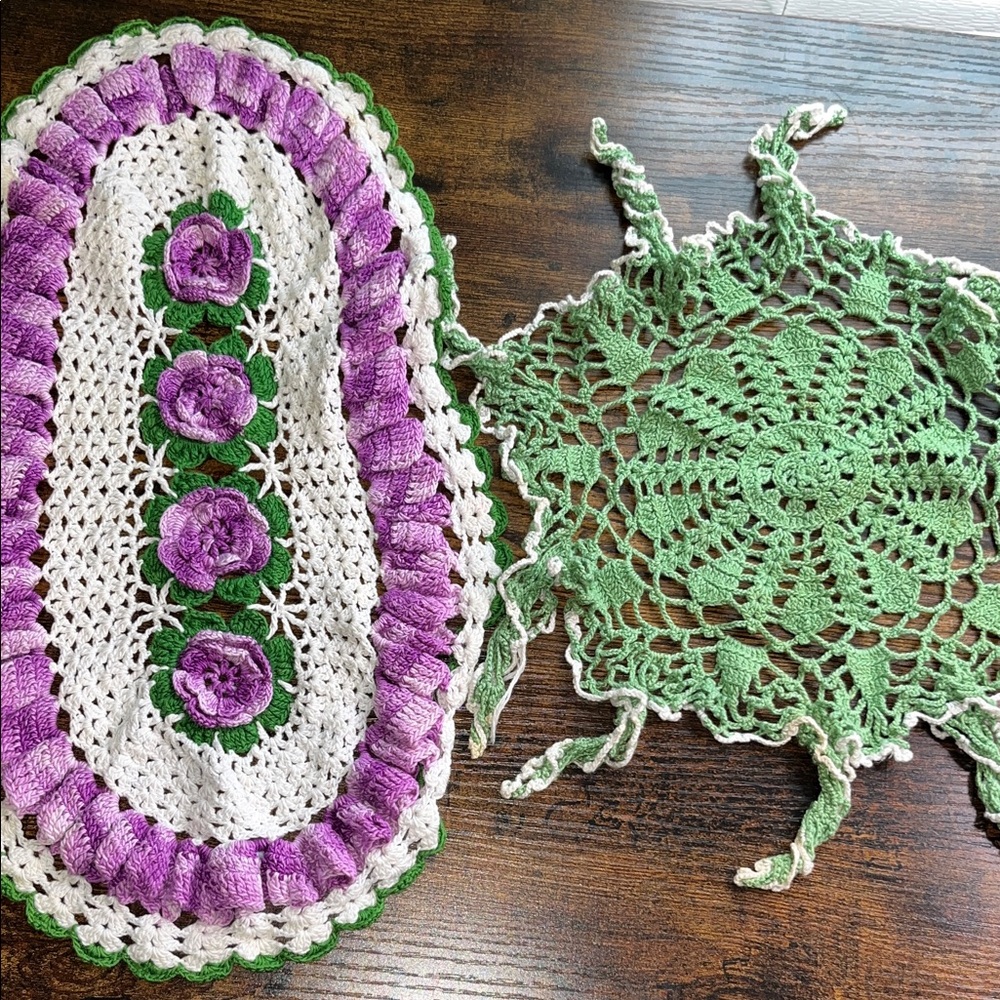 Vintage 70s handmade crocheted doilies, table runners, centerpieces cottagecore